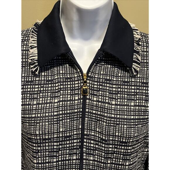 Vtg St John 2pc Skirt Suit Navy Blue Santana Knit Zip Front Jacket Size 2 Fringe - Picture 2 of 16